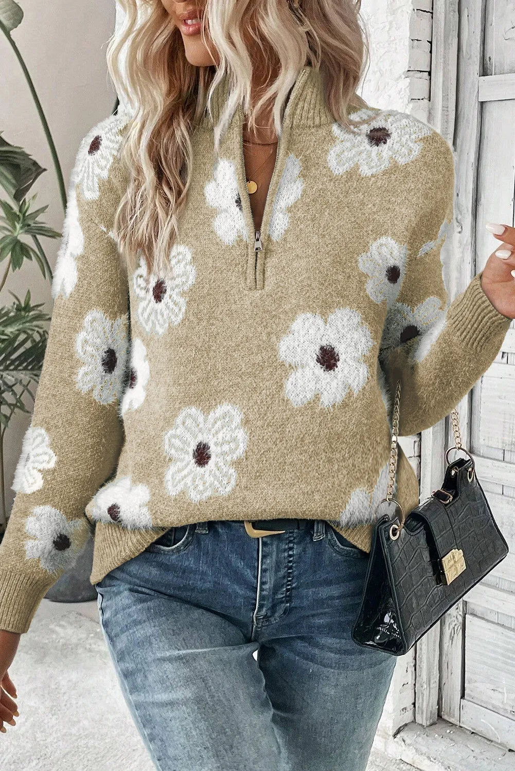 Pull Demi-fermeture éclair à Fleurs pour Femmes