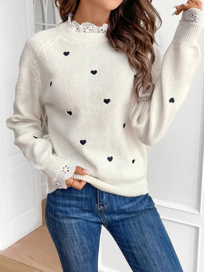 Pull à Col Rond Avec Motifs en Forme de Cœur pour Femmes