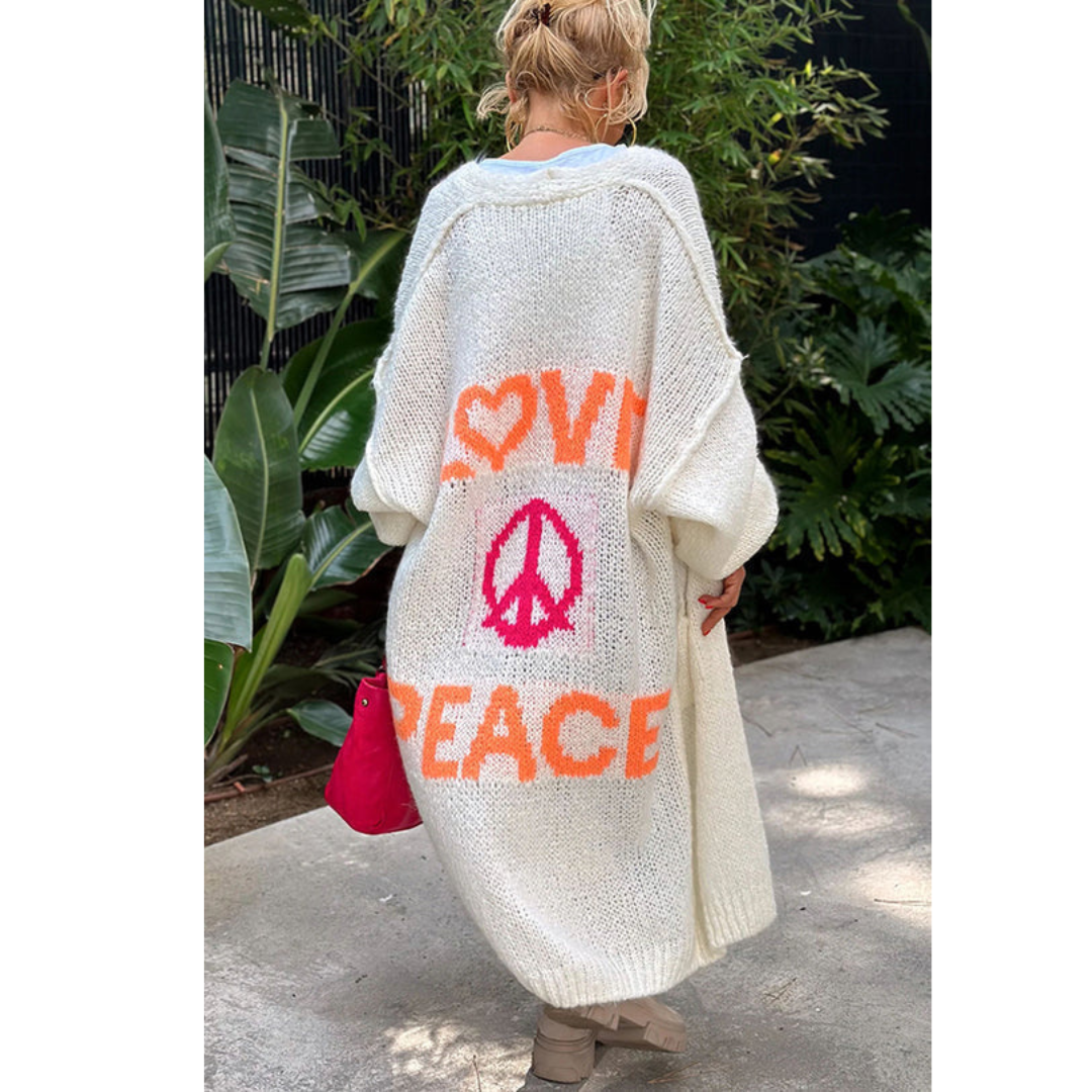 Peacy | Long cardigan tricoté pour femme avec imprimé Love & Peace