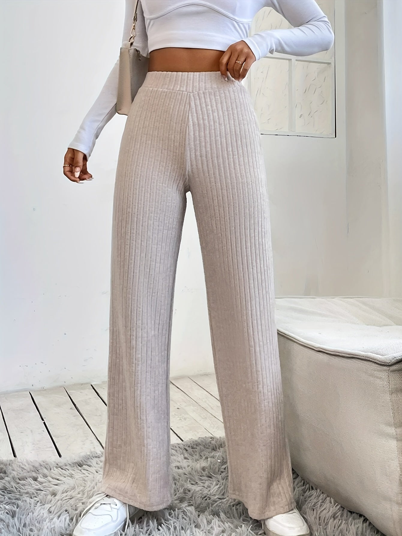 Pantalon Large Côtelé Élastique Élégant Femme