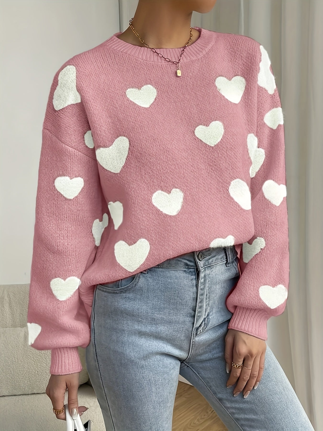 Pull Femme à Motifs Cœurs en Tricot Doux