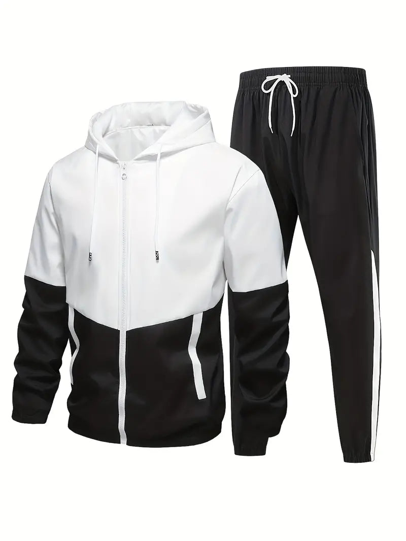 Cédric | Men's Two-Tone Athletic Windproof Sportswear Set, Zip-Up Jacket with Drawstring Hood & Drawstring Waist Pants