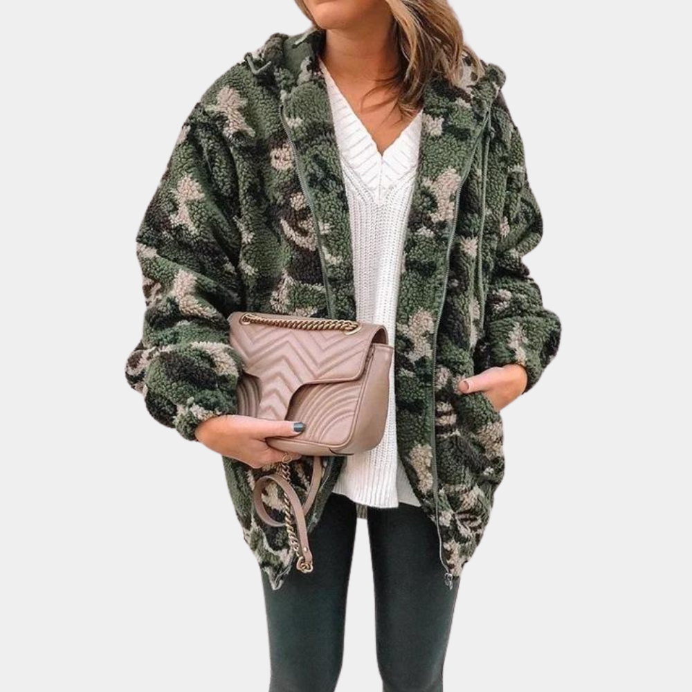 Cusina | Veste Zippée à Capuche Imprimée Camouflage en Peluche Douce pour Femme