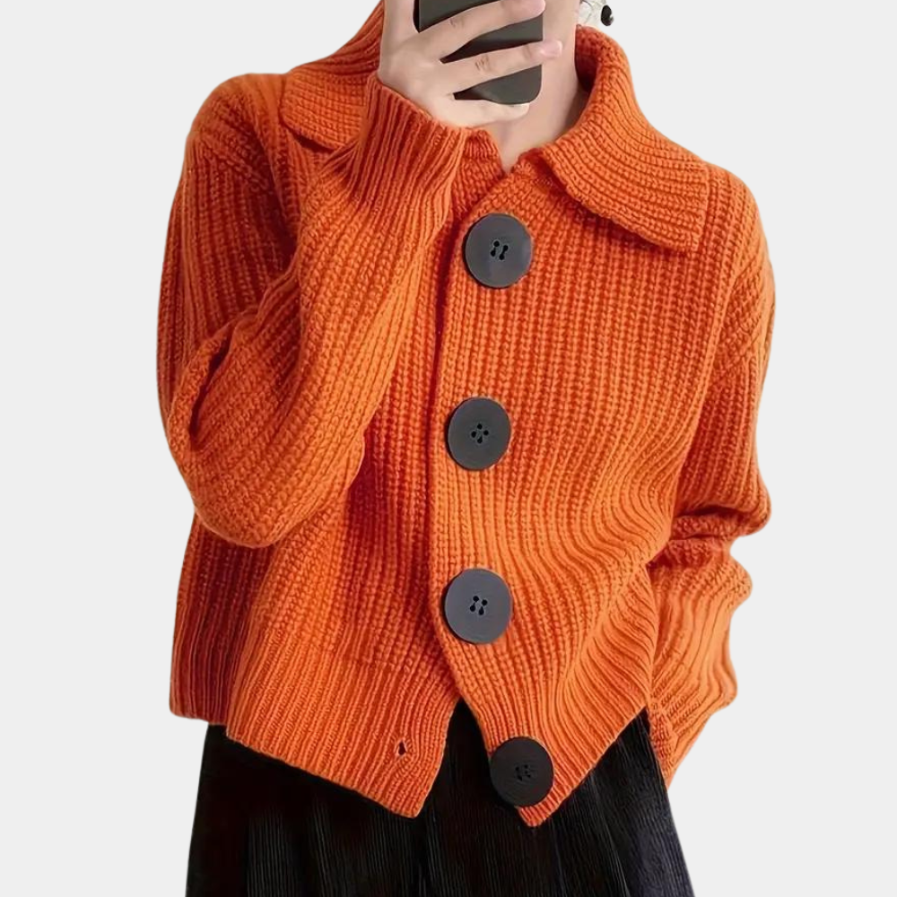 Féricelle | Cardigan Cropped à Col Revers en Laine avec Gros Boutons et Couleur Orange pour Femme