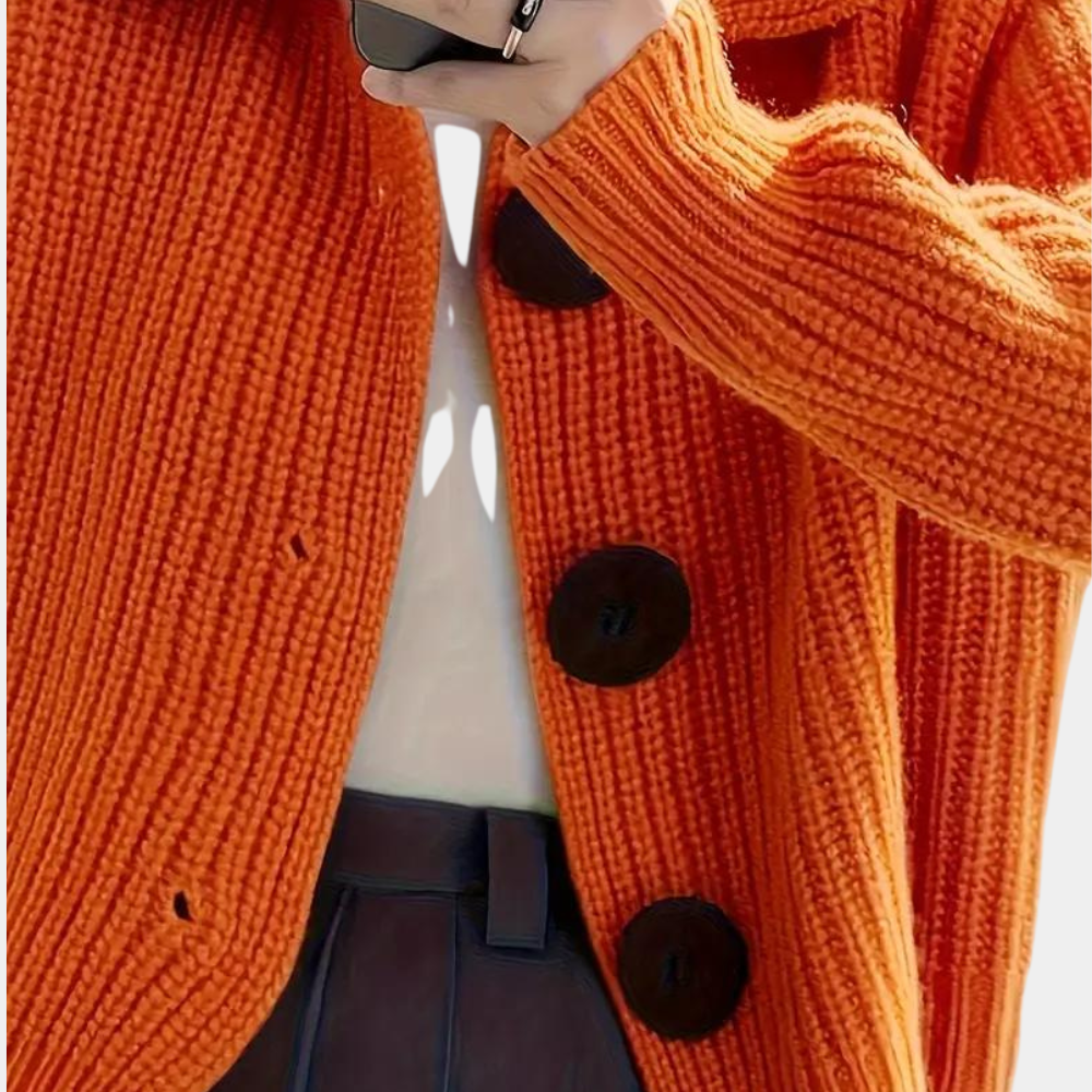 Féricelle | Cardigan Cropped à Col Revers en Laine avec Gros Boutons et Couleur Orange pour Femme