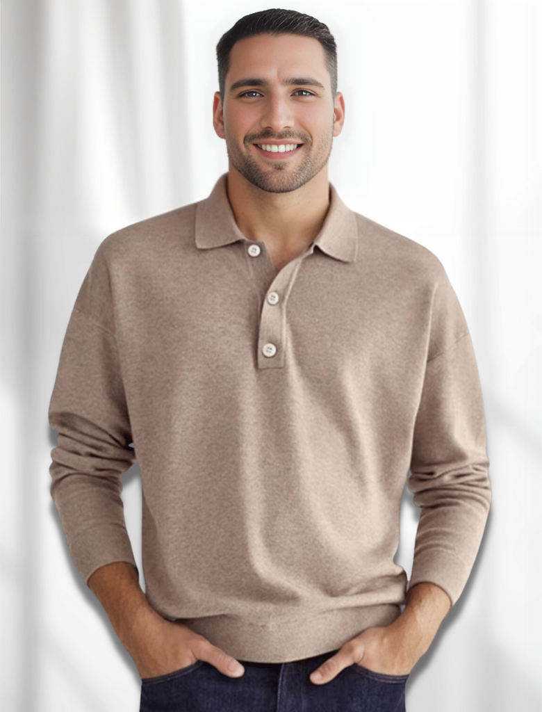 Denis - Polo pour homme à manches longues au look merino, confort et élégance