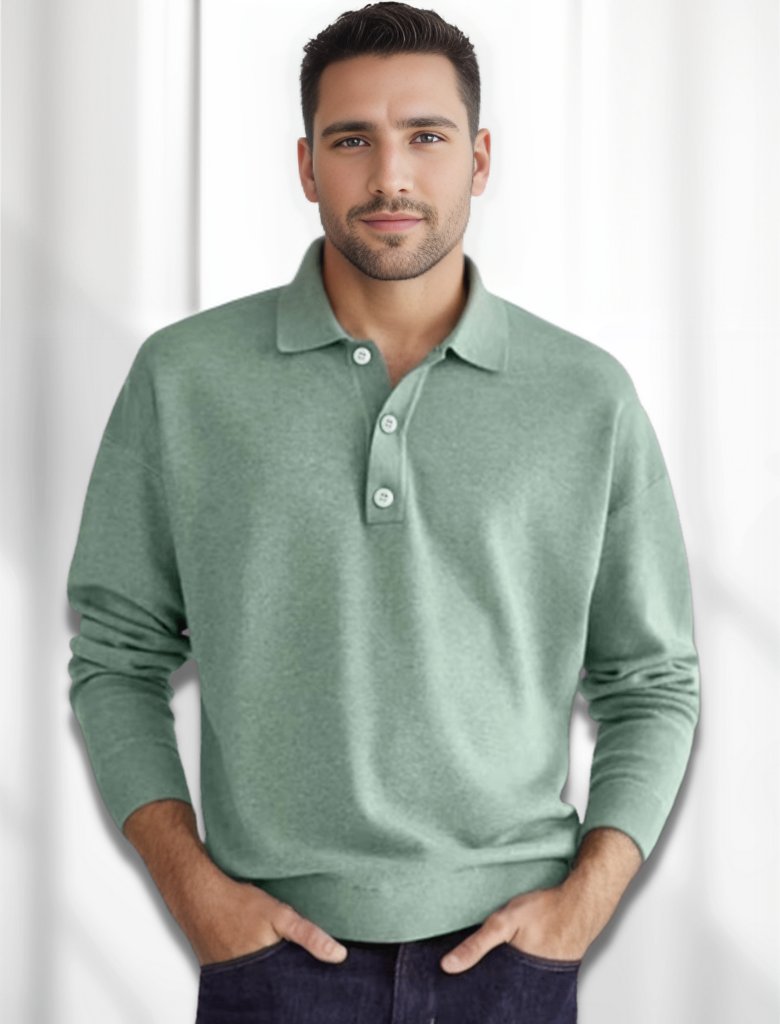 Denis - Polo pour homme à manches longues au look merino, confort et élégance