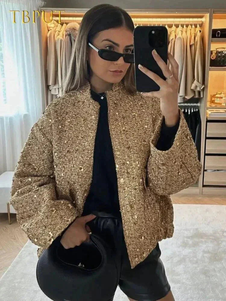 Blouson Bomber Doré à Paillettes Oversize pour Femme