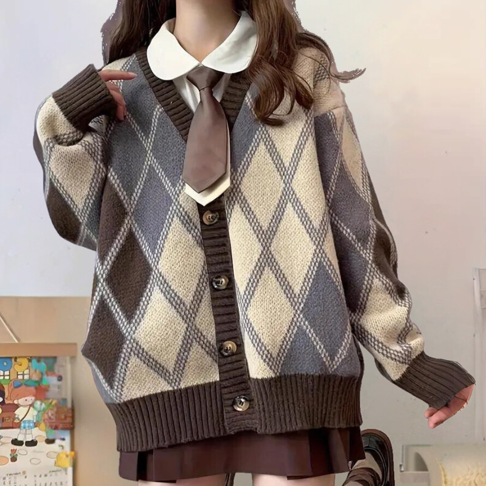 Cardigan Tricot à Carreaux Ample pour Femme