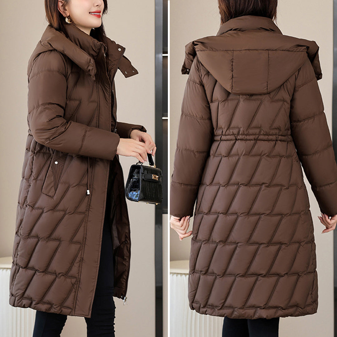 Agnès | Manteau Long d'Hiver Femme avec Capuche, Fermeture Éclair, Matelassé, Taille Ajustable avec Cordon