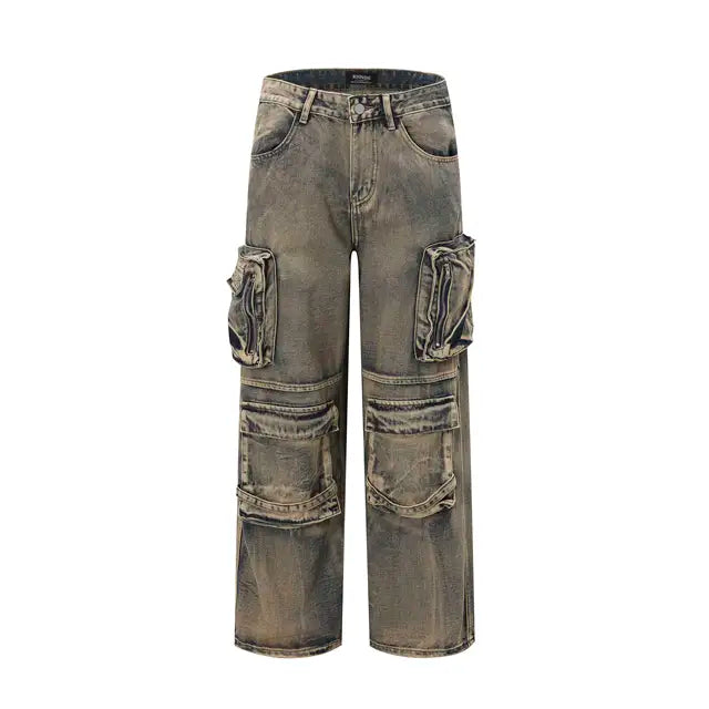 Zian - Pantalon cargo en denim délavé vintage avec poches vieillies