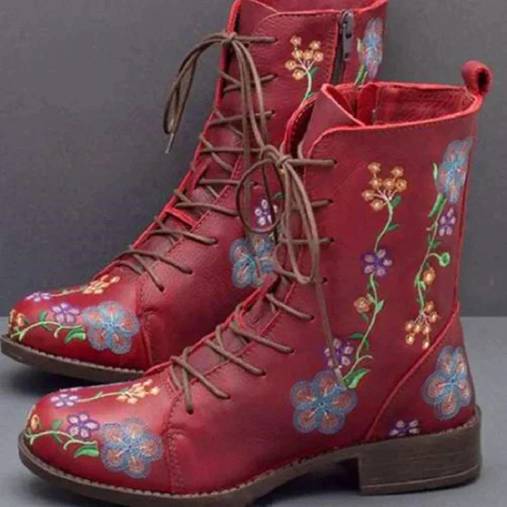 Speziela | Bottes Mi-Mollet à Talon Bas avec Lacets et Motif Floral