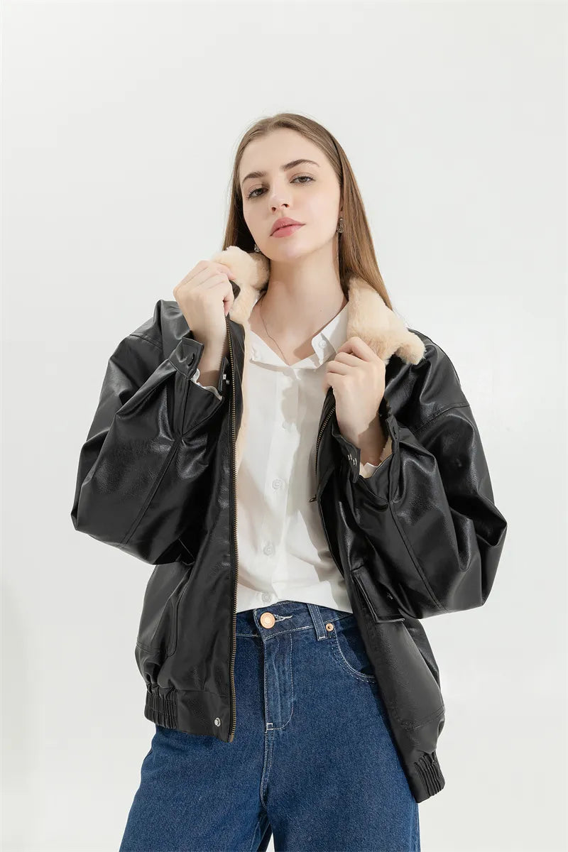 Veste d'hiver en Cuir Vintage pour Femmes