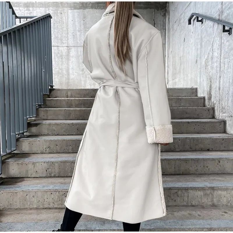 Veste Longue en Cuir avec Fourrure pour Femme