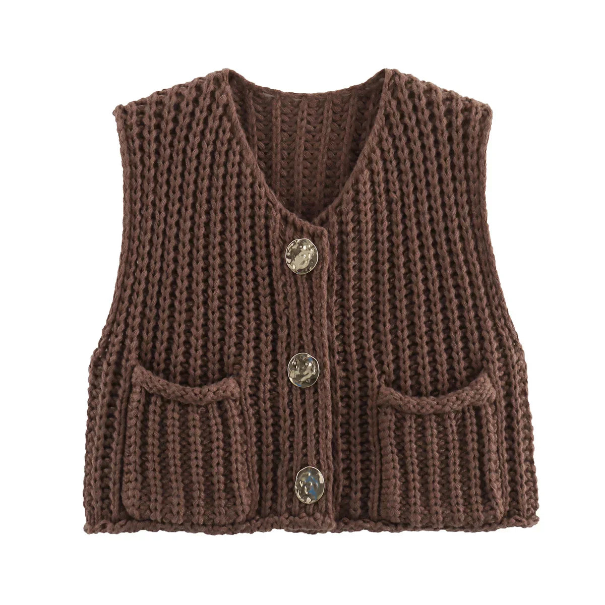 Yvaelle | Gilet Tricoté Stylé à Col en V avec Boutons et Poches pour Femme