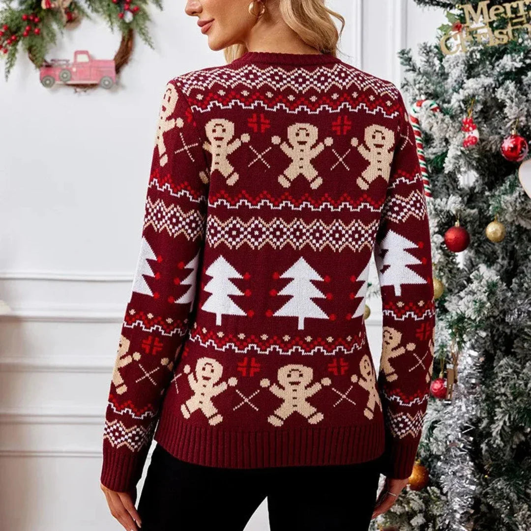 Zéphalina | Pull Tricoté Femme Col Rond Bordeaux avec Détails de Noël - Élégance Hivernale Confortable