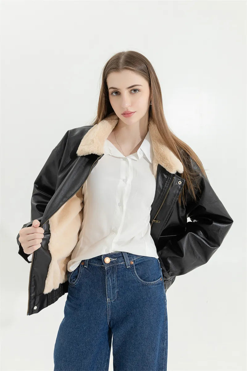 Veste d'hiver en Cuir Vintage pour Femmes