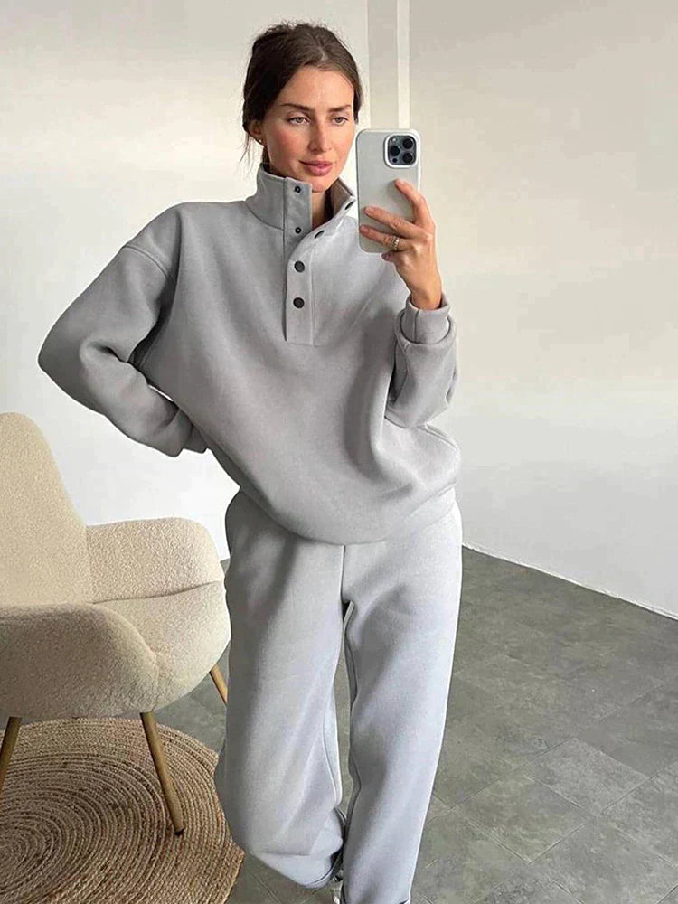 Crisel | Ensemble Sweatshirt Ample à Boutons et Pantalon de Jogging pour Femme