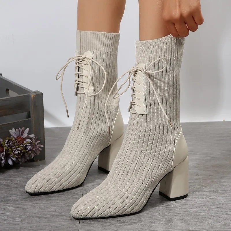 Ristenza | Bottines Femme à Talon Haut Lacées Stretch Mi-mollet