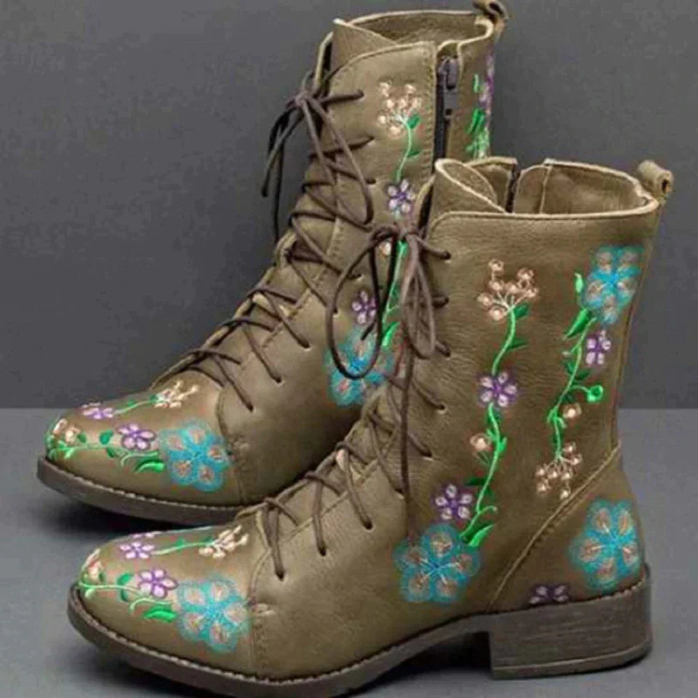 Speziela | Bottes Mi-Mollet à Talon Bas avec Lacets et Motif Floral