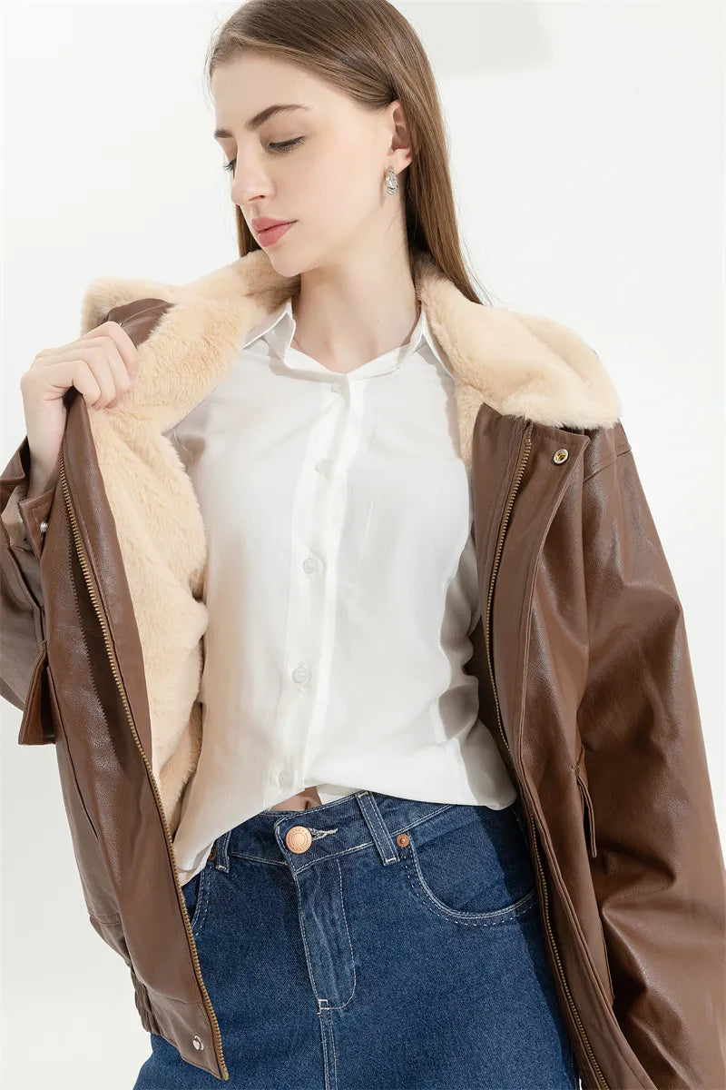 Veste d'hiver en Cuir Vintage pour Femmes