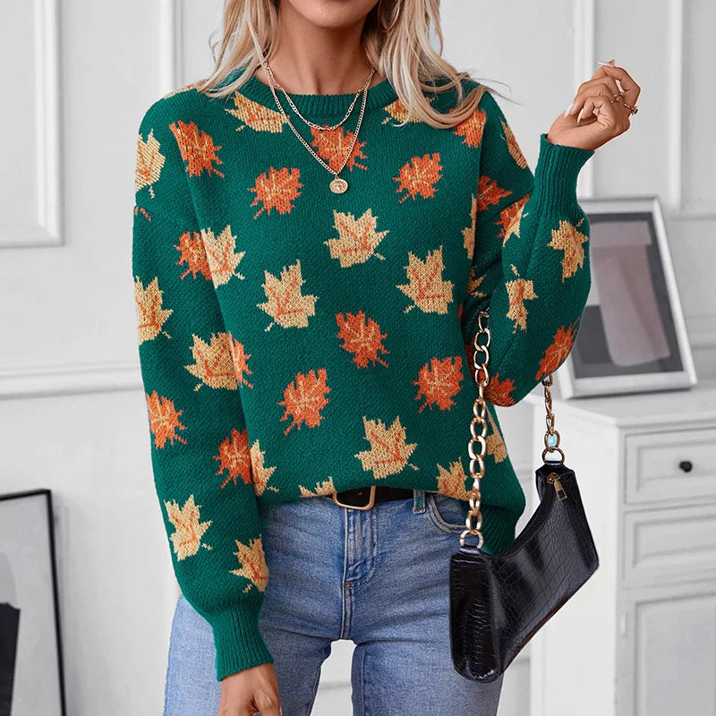 Oriel | Pull Tricoté Femme Vert avec Détails Feuilles d'Érable