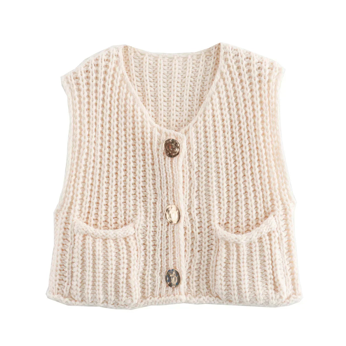 Yvaelle | Gilet Tricoté Stylé à Col en V avec Boutons et Poches pour Femme