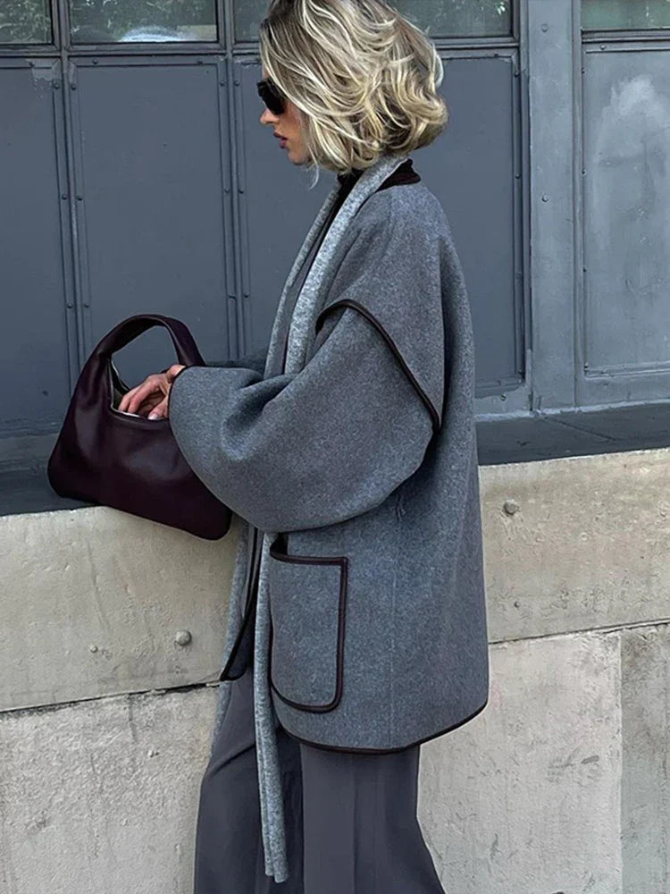 Veste Gris Classique Vintage Ceinturée pour Femmes