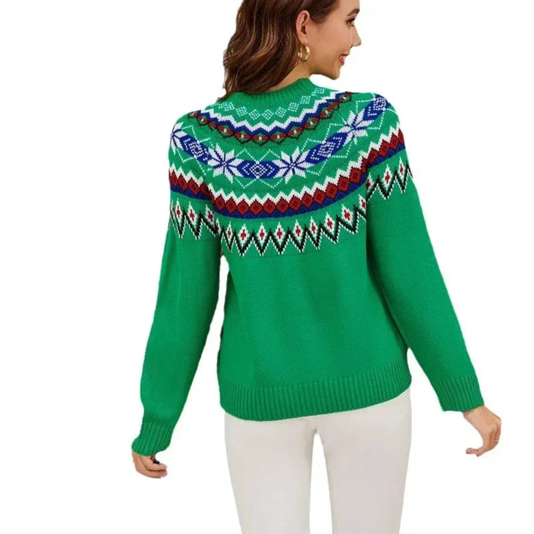 Yvelyne | Pull Tricoté Femme Col Rond Vert avec Motif Multicolore - Hiver Chic et Confortable