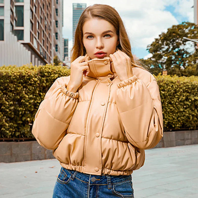 Gala | Parka Femme en Simili Cuir Boutonnée avec Col Montant et Coupe Court