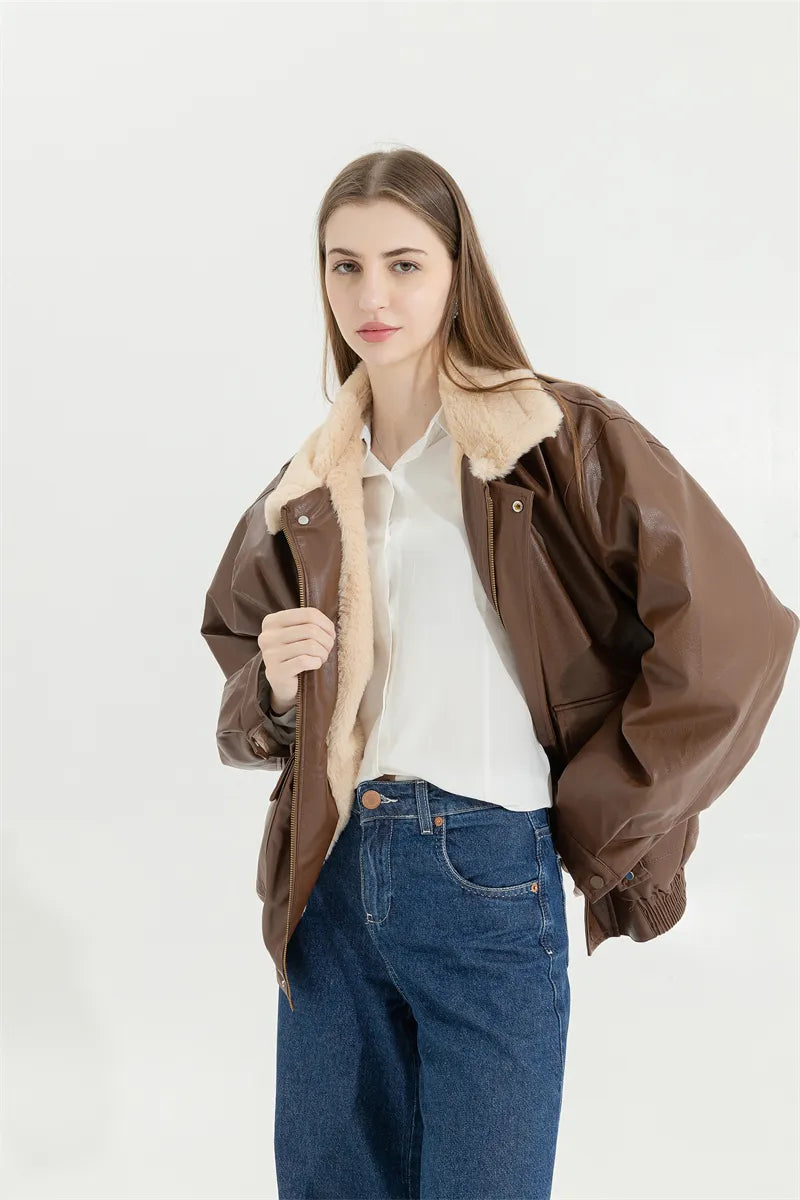 Veste d'hiver en Cuir Vintage pour Femmes