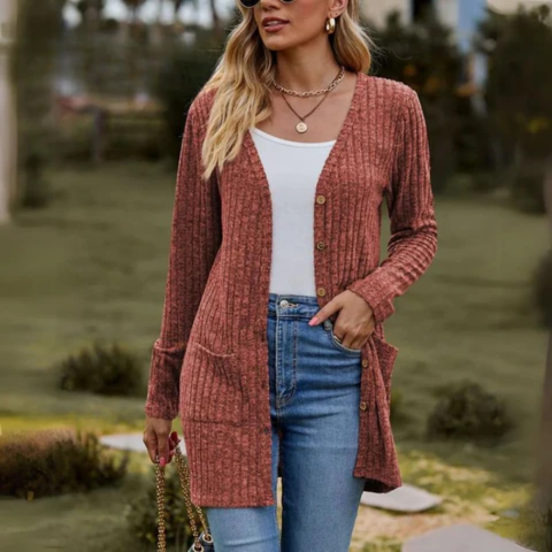 Margareti | Cardigan Long en Maille Boutonné pour Femme avec Col en V