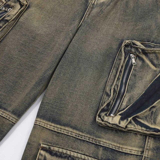 Zian - Pantalon cargo en denim délavé vintage avec poches vieillies