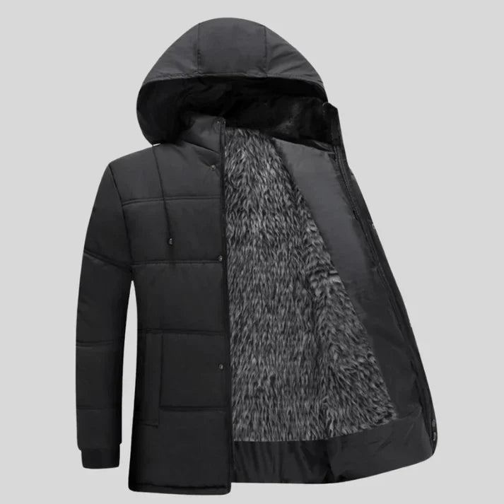 Yves | Veste d’Hiver Noire à Capuche, Doublée de Polaire et Matelassée pour Homme