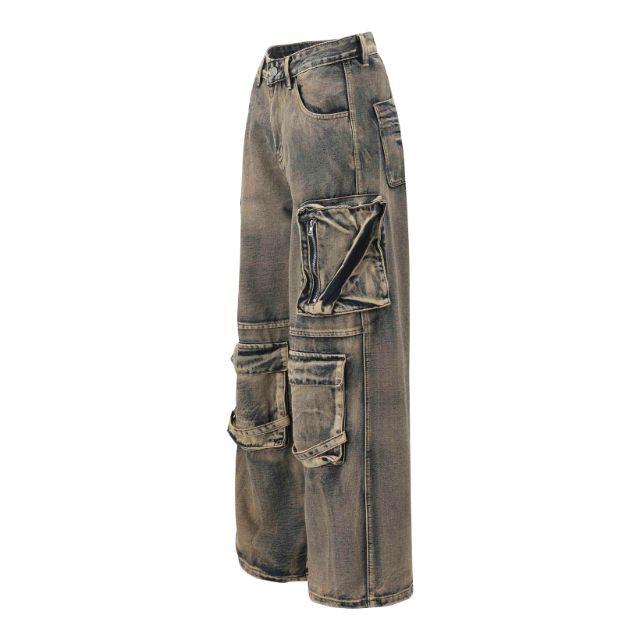 Zian - Pantalon cargo en denim délavé vintage avec poches vieillies