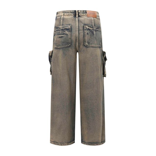 Zian - Pantalon cargo en denim délavé vintage avec poches vieillies