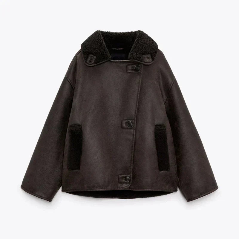 Brissane | Veste Vintage Femme Oversized à Boutons Asymétriques et Poches Latérales en Fleece Doublée