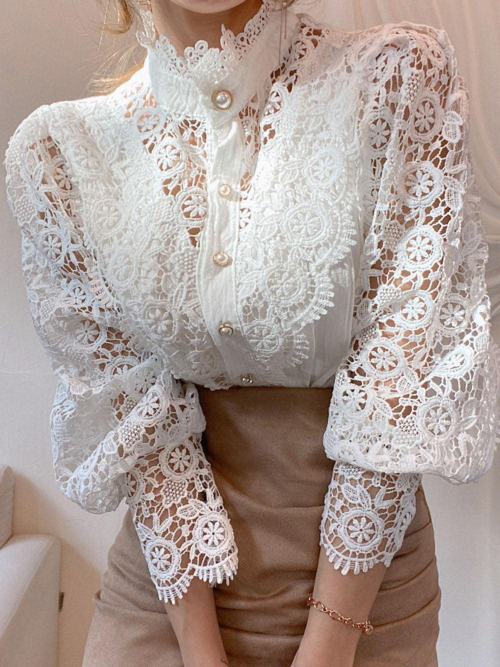 Blouse Blanche à Manches Longues en Dentelle Femmes