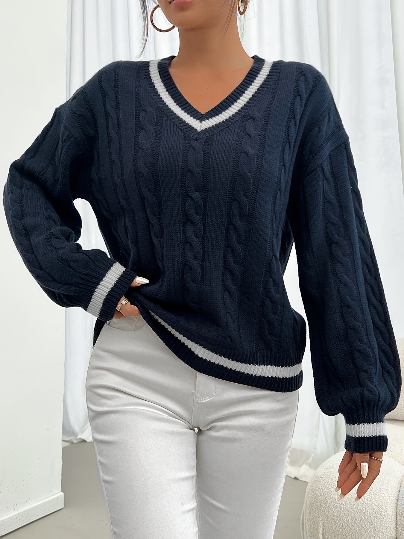 Gisèle | Pull en Maille Texturée à Col V et Coupe Ample pour Femme