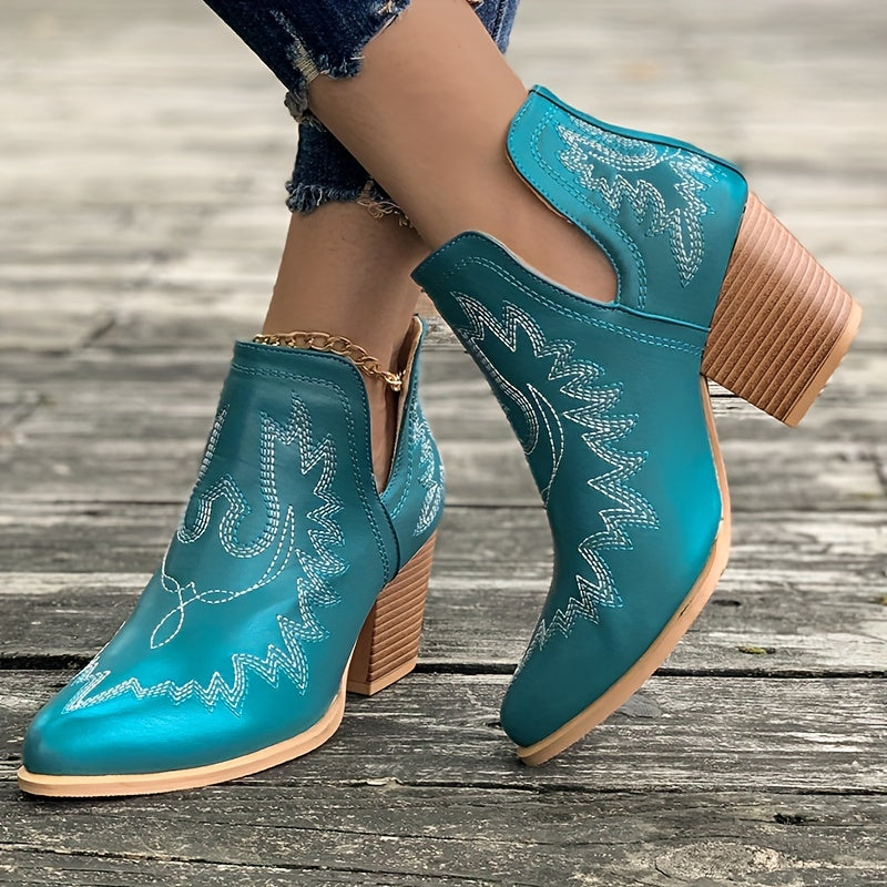 Estika | Bottes Western pour Femme avec Talon Bloc et Broderie Rétro