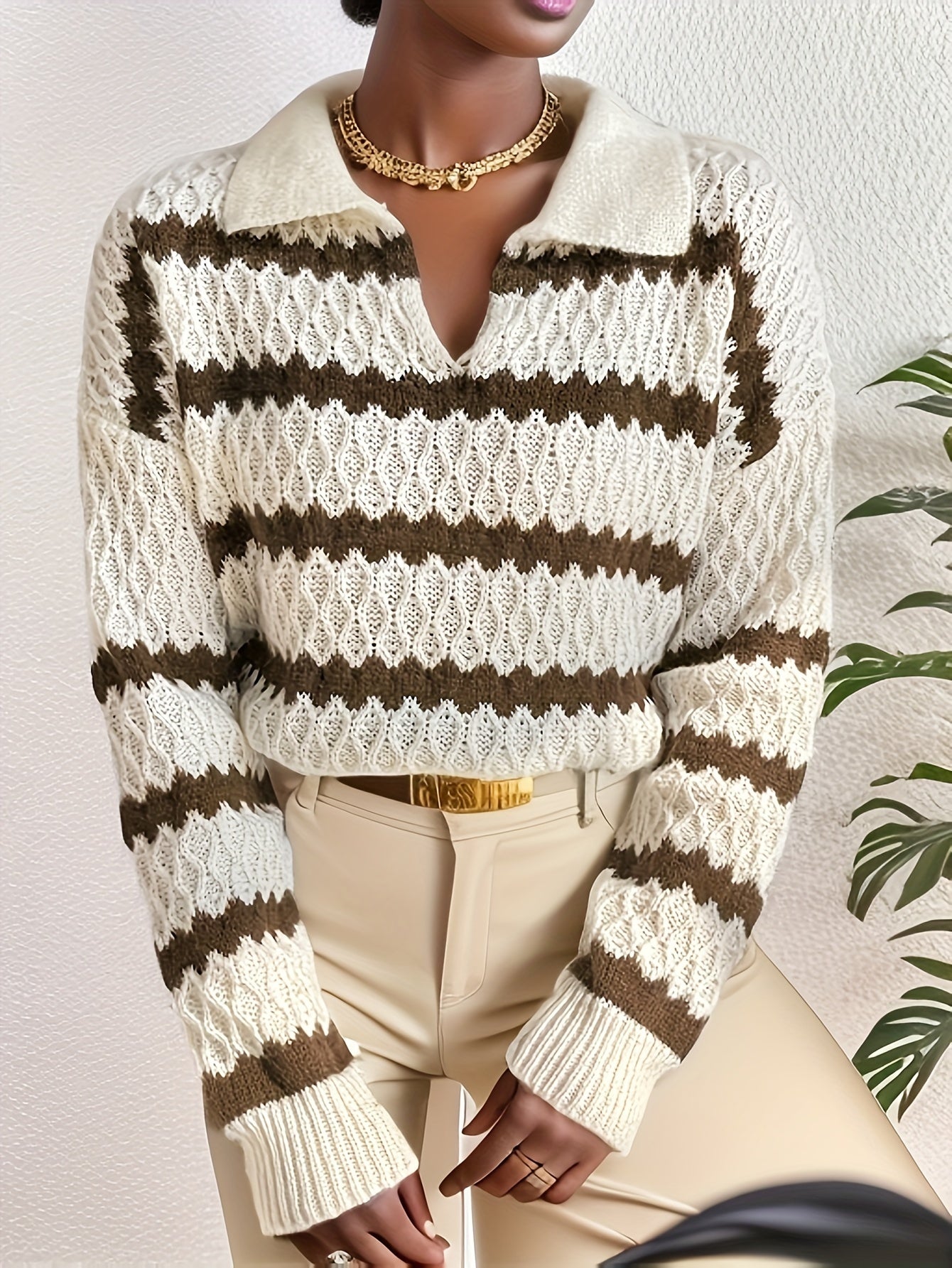 Pull à Col Rayé Stylé pour Femmes à Manches Longues