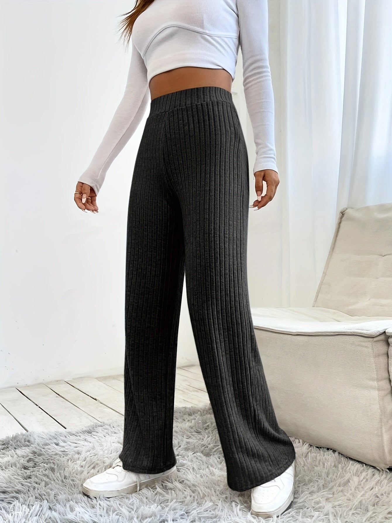 Pantalon Large Côtelé Élastique Élégant Femme