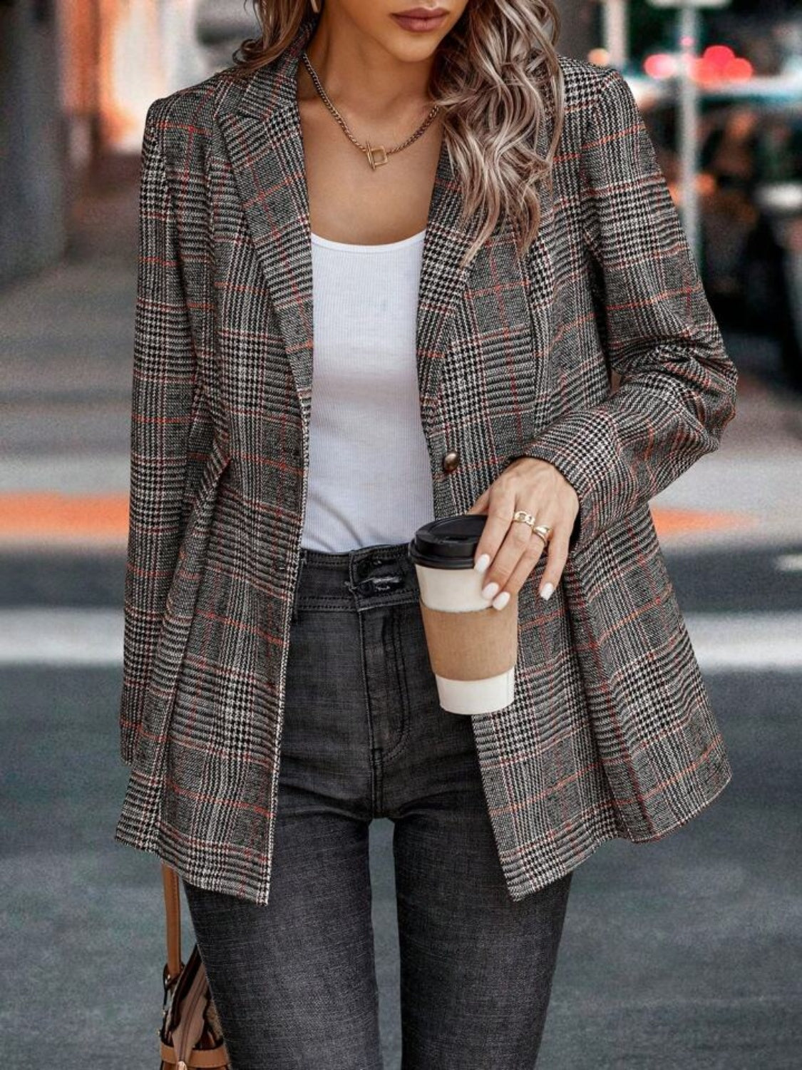 Amelie - Blazer à Col Revers Boutonné en Plaid pour Femme