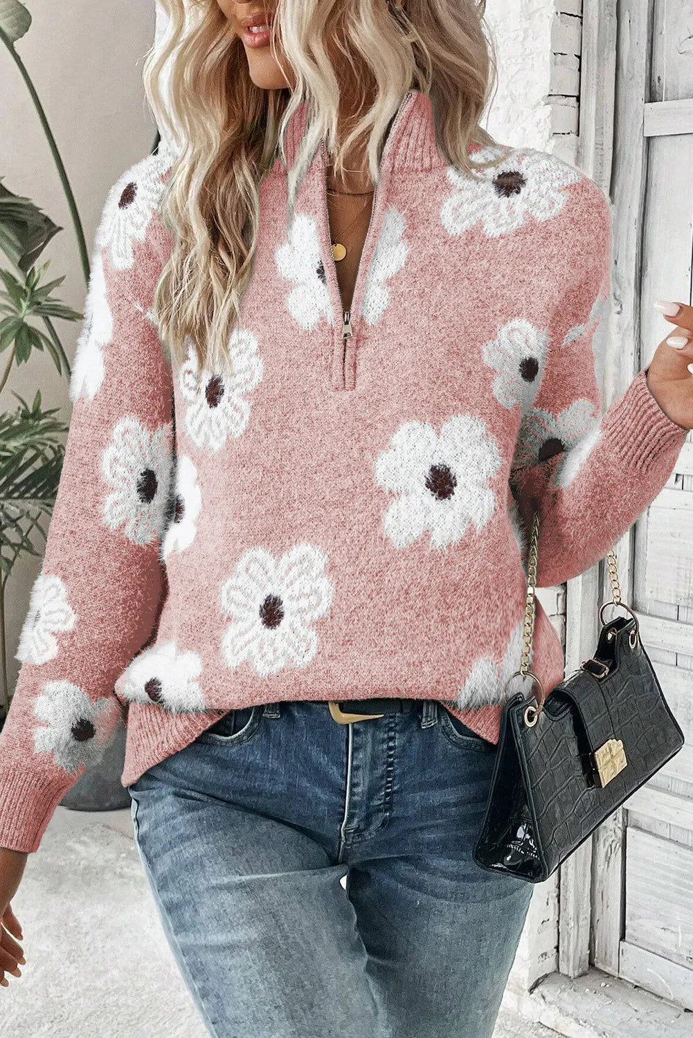 Pull Demi-fermeture éclair à Fleurs pour Femmes