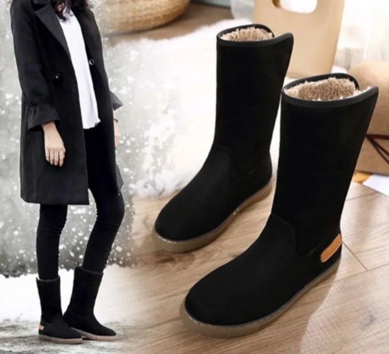 Jacinthe | Bottes Mi-Longues Noires Femme Doublées en Fleece avec Talon Plat