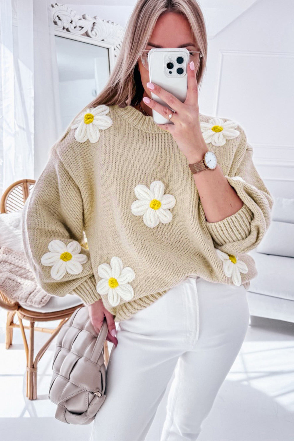 Pull en maille parcheminée à motif floral beige femmes