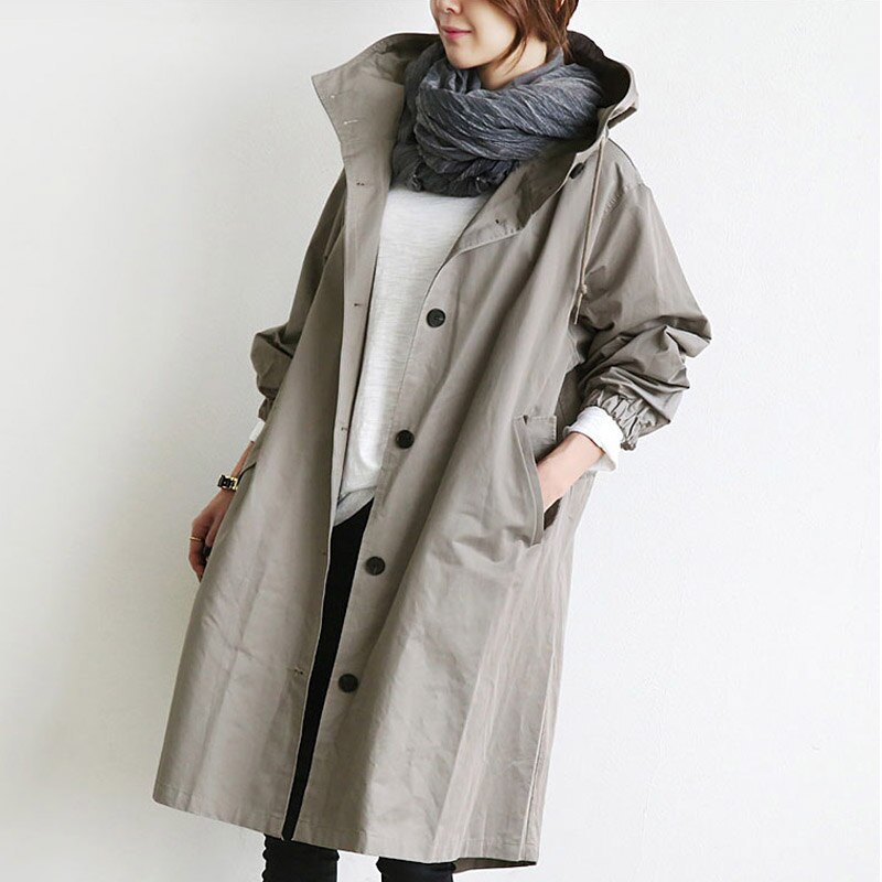 Nadina | Manteau Long Imperméable à Capuche et Boutons – Élégance Pratique pour Toutes les Saisons
