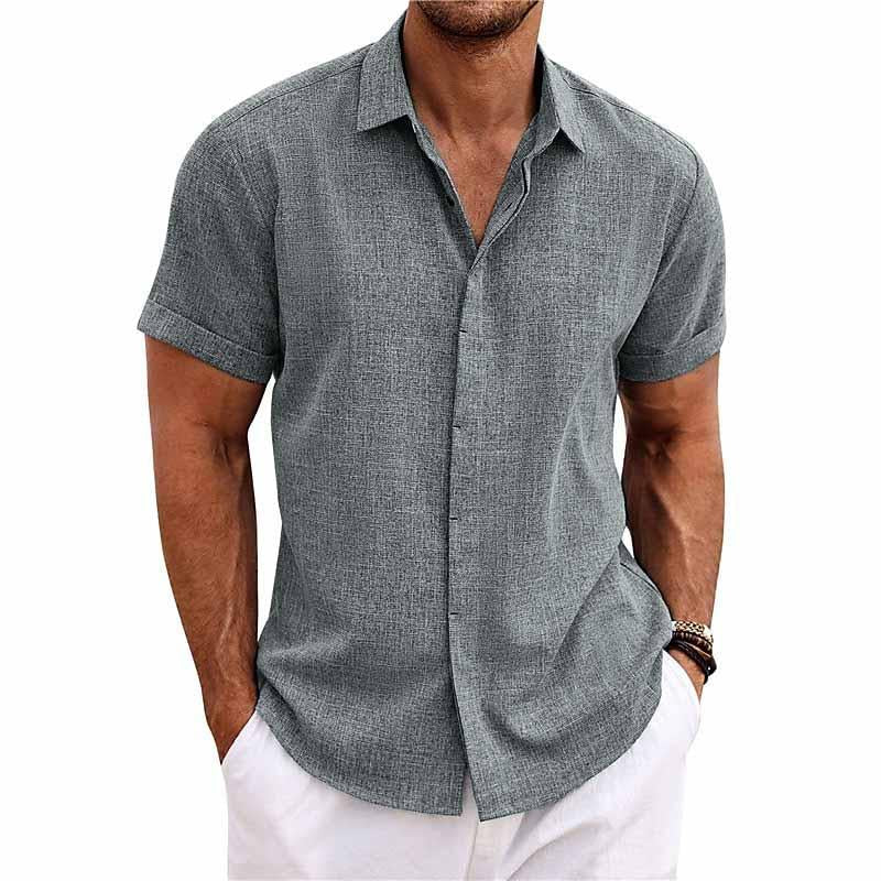 Pierre – Chemise pour hommes à manches courtes en coton et lin, unie avec col