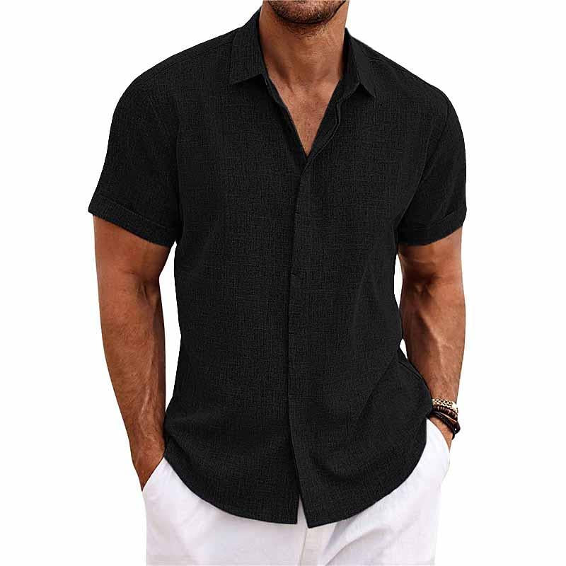 Pierre – Chemise pour hommes à manches courtes en coton et lin, unie avec col