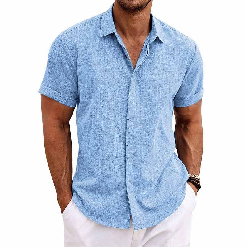 Pierre – Chemise pour hommes à manches courtes en coton et lin, unie avec col